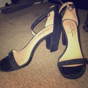 Suede Heeled Sandals with Ankle Strap & Block Heel